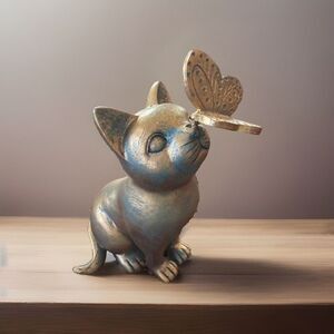 Cat and Butterfly Curiosity Garden Statue Bronze color 7.5" x‎ 4 x 4.5 in